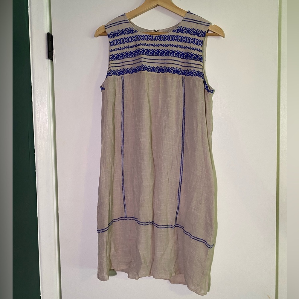 Embroidered Blue and Cream Sleeveless Dress